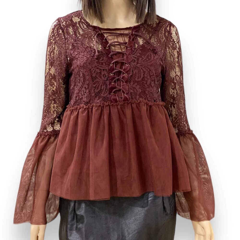 Coco + Jaimeson Womens Boho Fairycore Balletcore‎ Tulle Lace Peplum Top Size M